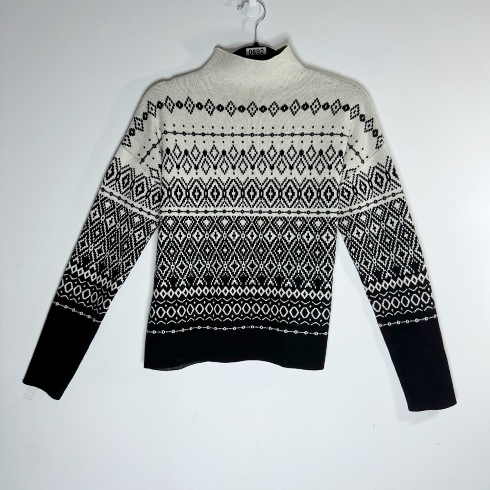 Joie Women’s Black Ivory Fair Isle Nordic Mock Neck Sweater Size M